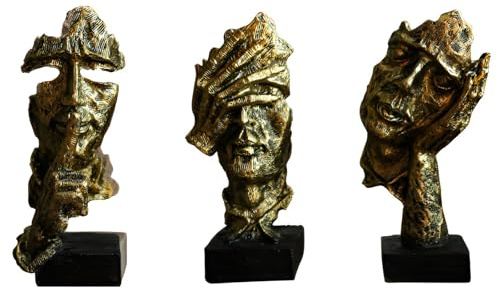 PAEFIU 3 Stück Denker-Statue, Silence is Gold Abstrakte Kunstfigur, Kein Hören, Kein Sehen, Kein Sprechen, Dekofiguren skulptur, Moderne Harz-Skulpturen, für Heimdekoration, Schreibtisch (Gold)