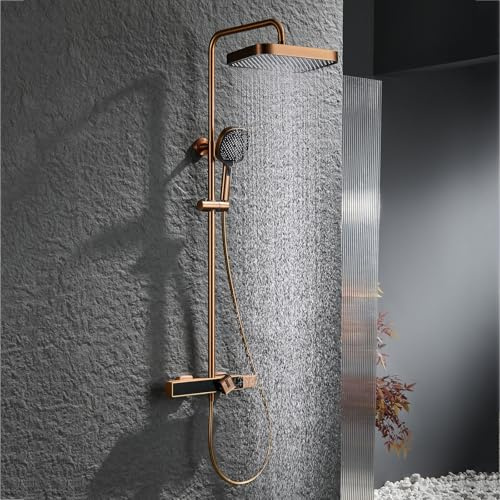 BiaoTeng Waterfall Shower Head with Hose Set Rose Gold Hot and Cold Brass Shower Mixer Set Rose Gold