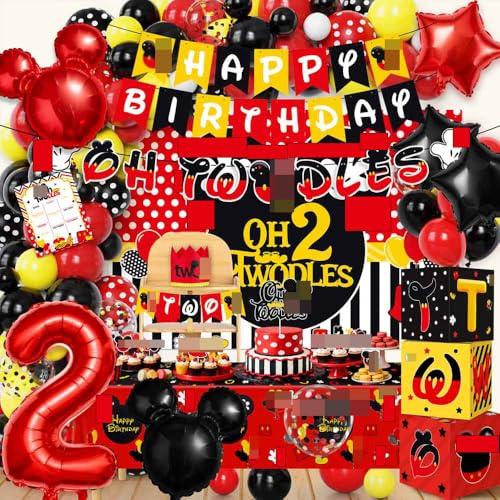 ZDHOOKAN Mouse 2nd Birthday Party Decorations 143Pcs Oh Twodles Birthday Decorations Backdrop Balloons Arch Box High Chair Banner Bday Party Idea for Baby Boys|Girls