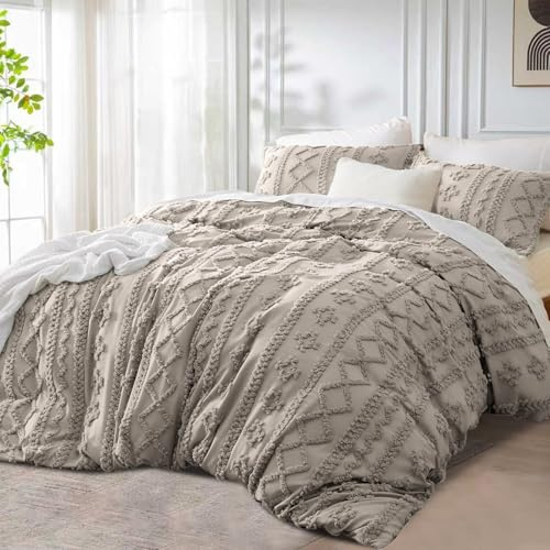 DXHOME Khaki Bettwäsche 155x220 cm Boho Getuftet Stickerei Gestreift Wendebettwäsche Set Geometrisch Vintage Weiche Microfaser Böhmen Bettbezug mit Reißverschluss und 2 Kissenbezüge 80 x 80cm
