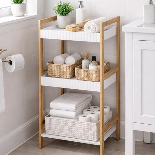 Mojawo Bambus Wandregal Badregal Badezimmer Regal Bambusholz Aufbewahrung 3 Böden 36x30x80cm