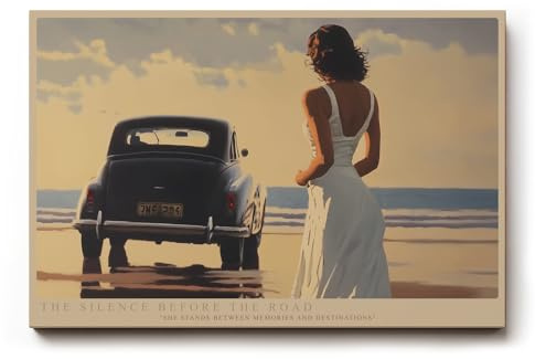 Paul Sinus Wandbild 120x80cm The Silence Before the Road – Romantische Szene am Strand mit Frau in weißem Kleid und Oldtimer, Symbol für Aufbruch, Erinnerung und Sehnsucht