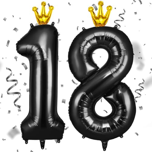 AOOSU Zahlen Luftballon Schwarz Folienballon 18, 40 Zoll Helium Ballons Geburtstagsdeko Mädchen Junge Kindergeburtstag Party Deko Ballon Zahl mit Krone für Männer Frauen Geburtstagsparty Deko