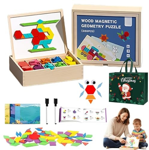 Wooden Magnetic Pattern Block Puzzle Set, Early Math Geometric Concepts Fine Motor Toys, Tangram Puzzle with Pattern Cards, Boost Creativity Early Math Skills for Toddler Kids (280pcs)