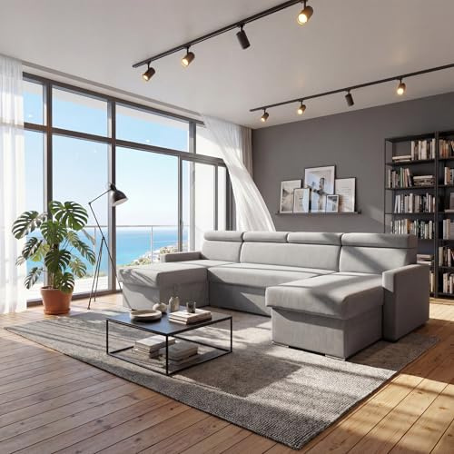 SOFILAND Vega U Ecksofa nach Maß | Breite anpassbar | Schlaffunktion 2 Bettkasten U-Form verstellbare Kopfstützen Samt-Stoff Best 305x151 cm (Stahlfarbe)