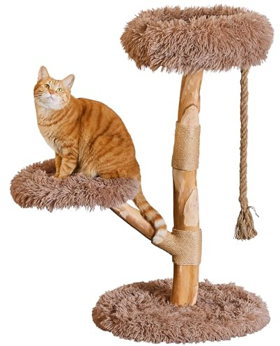 Quuzee Modern Cat Tree Tower, 90cm Solid Wood Cat Furniture for Indoor Cats with 2 Detachable Cushion Platforms & Dangling Rope Toy, Scratching Post - Sturdy Multi-Level Perch for Cats, Brown