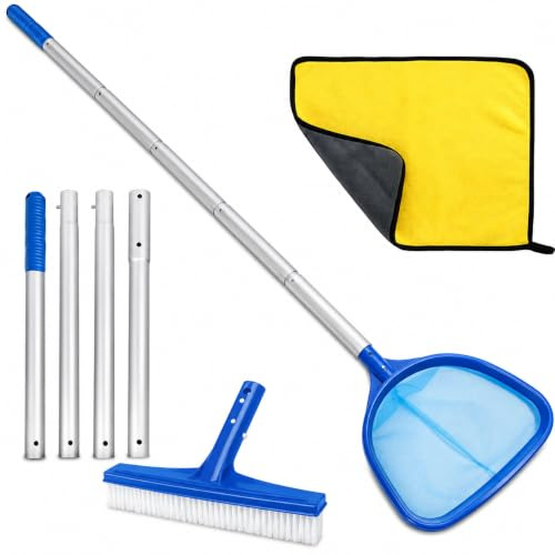 Retino Piscina 187 cm, Retino Piscina Maglia Fine con Rete Profonda 14 cm, Kit Pulizia Piscina con 4 Aste in Alluminio, Spazzola Piscina e Panno, per Piscina, Laghetto, Spa, Idromassaggio