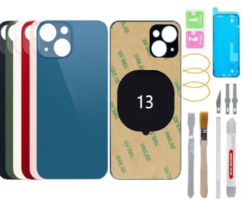BAYERQ Vitre Arrière de Remplacement Compatible avec iPhone 13 - Gros Trou Caméra - Kit Outils Réparation - Verre Trempé Coque Batterie (Bleu)