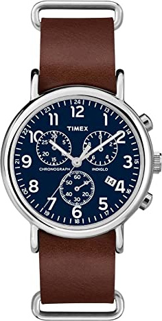 Timex Weekender Chrono Quartz Analog Watch with Leather Strap, Brown/Silver/Blue, 40 mm (Model: TW2R63200)