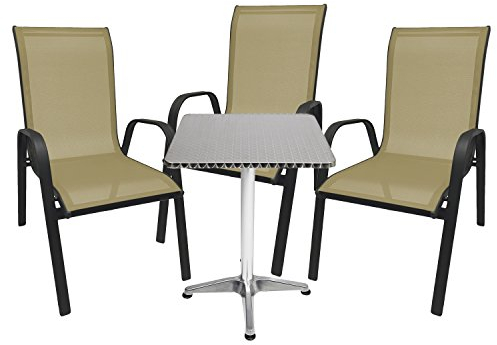 Mojawo® Bistrogarnitur Bistroset 4-teilig Bistrotisch Aluminium 60 x 60 cm H70/110cm Höhenverstellbar + 3 Stapelsessel Textilen Anthrazit/Beige