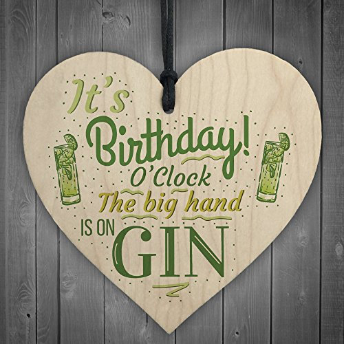 Red Ocean Gin OClock Birthday Gift Funny Card Wooden Hanging Heart Plaque Friendship Alcohol Drinking Gift