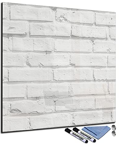 Glas-Magnettafel 60x60 cm Whiteboard Wand Beschreibbar Quadratisch Magnetisch Küche Office Büro mit Zubehör Wochenplaner Abwischbar Deko Memoboard Tafel Ziegelstein-Optik Weiß