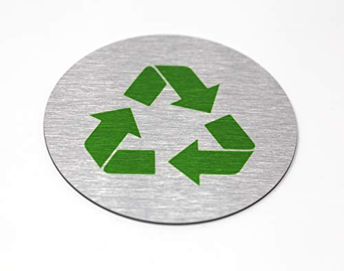 Metal Recycle Signs | Recycle Bin Marker | Metal Sign for Recycling Basket | 3 Round, Brushed Silver Aluminum with Green Recycle Symbol | Made in the USA
