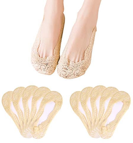 FEPITO 10 Pairs Women No Show Lace Boat Socks Non slip Ankle Socks Low Cut Liner Invisible Socks for Sneaker Loafers(Skin Color)