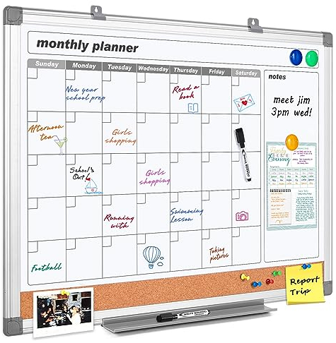 MAKELLO Whiteboard Monatsplaner, Magnetisch, Abwischbar, Kombitafel, Wochenplaner Wand mit Magneten Stifte, Planungstafel, Groß, 90x60cm