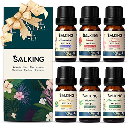 Essential Oils Gift Set, SALKING 100% Pure Aromatherapy Therapeutic Grade Scented Oils for Oil Diffusers,6 x 10 ml(Lavender, Rose, Cherry Blossom,Ylang Ylang,Gardenia,Chamomile)
