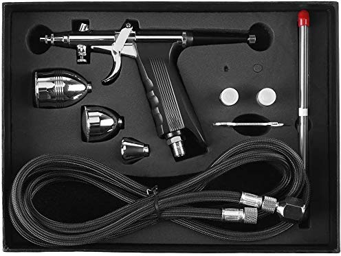 Airbrush Set, Dual Action Mini Air Kompressor Airbrush Kit mit 3 Düsen-Sets 0,3/0,5/0,8 mm und 3-teiligen Bechern, für Farbmodelle Lederbekleidung Auto