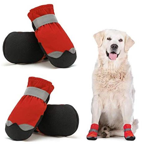 Dociote Scarpe Per Cani Impermeabili Set di 4, Stivali Protettivi per cani con Riflettente Antiscivolo, Scarpe Resistenti per Cani di Taglia Media Rosso 4#