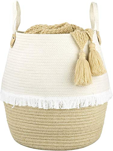 La Jolíe Muse Cesta Ropa Sucia de algodón, Cesta almacenaje de Cuerda de algodón, Cesta Ropa Sucia Bebe, Regalo de decoración para el hogar, Blanco y Yute, 40CM