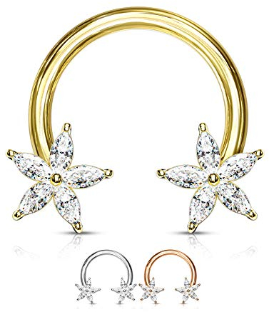 Treuheld® 1.6mm Hufeisen Piercing mit Kristall-Blumen | 3 Farben [2.] - Gold