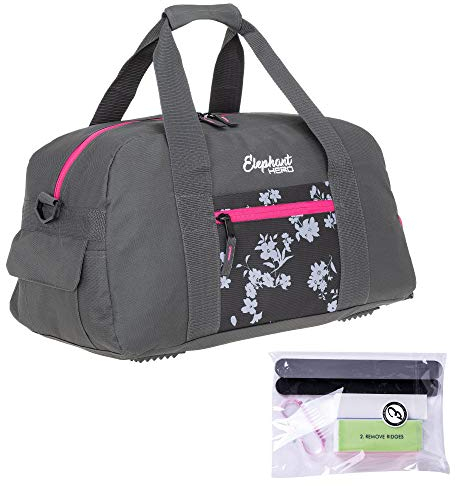 Elephant Sporttasche Damen Signature Fitnesstasche Tasche mit Schuhfach 47 cm 12800 + Nagelpflege Set (Grey Flower (Grau/Pink Zip))