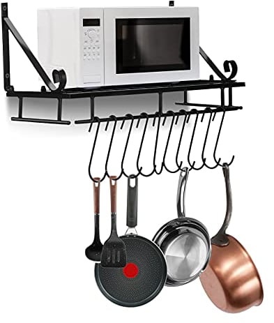 Greensen Wall Mounted Pot Pan Rack Metal Saucepan Hanging Rack with Hooks Kitchen Utensils Hanging Shelf Pan Rack Organizer for Kitchen Balcony Bathroom Holder Pot Pan Shelf Rack, Black(45cm)