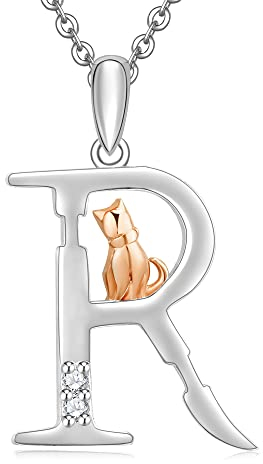 ULOMEOO Collar Mujer Inicial Plata 925 Colgante Gato Letra R con Cristal Joyería Regalo Madre Mamá Abuela Esposa Novia Hija
