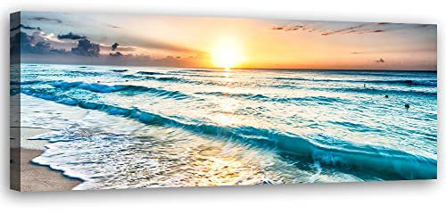Feeby Vlies Leinwandbild Wellen Meer Strand 150x50 cm Wanddeko Design Kunstdruck Zimmerdeko Bilderwand Nordsee Sonnenuntergang Ostsee Blau