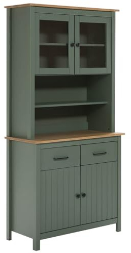 AltoBuy Tina - Buffet Haut 4 Portes 2 Tiroirs Bois Ciré et Vert