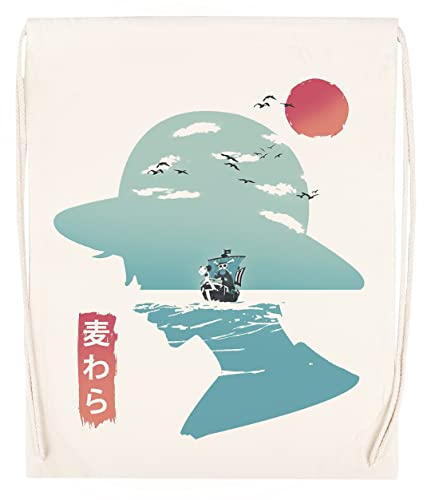 BIOCLOD One Piece Luffy Good Day To Sail Wiederverwendbare Sporttasche aus Baumwolle in Beige Mit Kordelzug Drawstring Gym bag