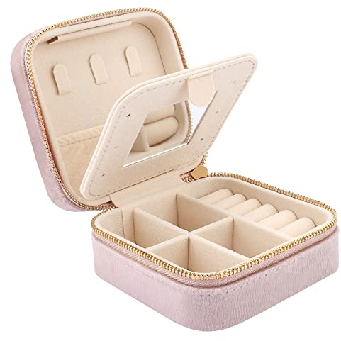 Casiwaft Kleines Reise Schmuckkästchen Samt mit Spiegel, Kleine Schmuckkästchen Organizer für Mädchen Frauen, Mini Schmuck Organizer Aufbewahrung für Ringe Ohrringe Halskette Armbänder, Rosa
