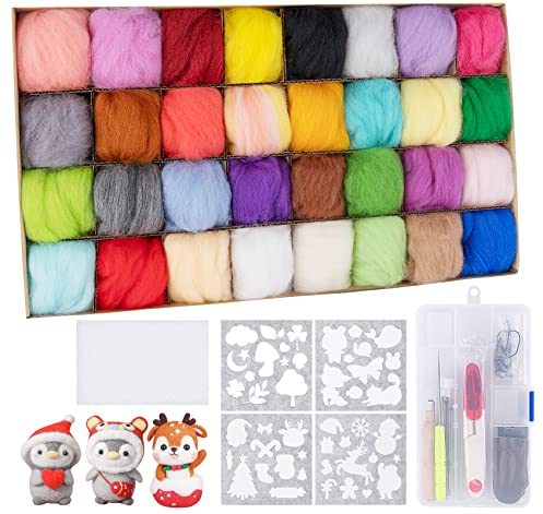 Anstore Filzwolle Set, 32 Farben Filzset 5 Gramm Filzwolle Basisset Grundlegende Filzwerkzeuge und Zubehör für Anfänger, Filzwolle Basteln Nadelfilz für Nassfilzen,Trockenfilzen und Filz Tier Handwerk