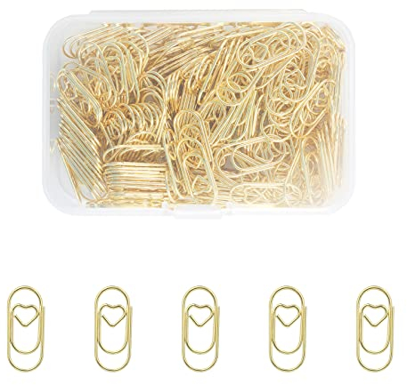 AIEX 210 Stück 9x20mm Mini Büroklammern Herz, Niedlich Edelstahl Metall Büroklammern Klein Büroklammern Lesezeichen zum Sortieren und Organisieren von Papieren Büro Schule Heimgebrauch (Gold)