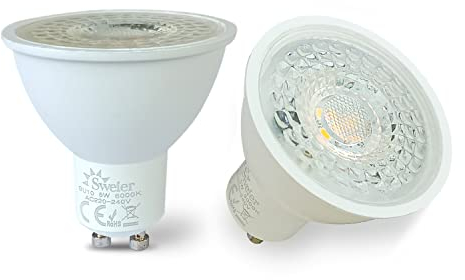 Sweier 2 x LED-Leuchtmittel 5 W GU10, 38° Abstrahlwinkel 430 lm, Kaltweiß 6000 K, hoher Farbwiedergabeindex CRI > 85 220–240 V LED GU10 Strahler, 5 W entspricht 50 W Halogen, nicht dimmbar.