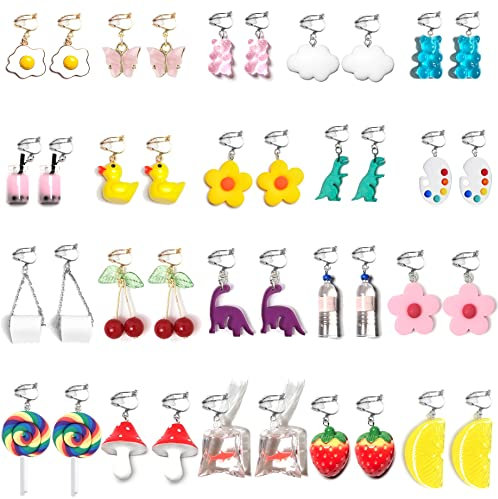 20 Pairs Clip On Earrings Weird Funny Earrings Gummy Bear Duck Water Bottle Fish Dinosaur Mushroom Butterfly Strawberry Dangle Earrings Set for Women, Resin, No Gemstone