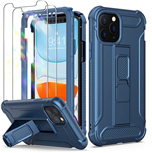 ORETECH Designed for iPhone 11 Pro Case, and [2 x Tempered Glass Screen Protectors] [Built-in Kickstand] Military Grade Shockproof Full Body Protective Silicone TPU Bumper Cover - Blue