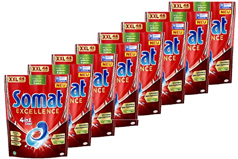 Somat Excellence 4in1 Caps (8x44 Caps), schnellauflösende Spülmaschinentabs, Somat Caps für exzellente Reinigung & Glanz sogar im Eco-Programm & bei niedrigen Temperaturen