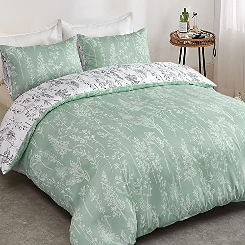Lunoroey Sage Green Duvet Cover Set King Size Floral Plants Flowers Botanical Printed Quilt Cover Sets All Season Bedding Soft And Easy Care