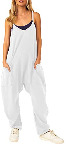 Salopette da donna in tessuto estivo, tuta lunga, pantaloni harem, tinta unita, eleganti, pantaloni estivi, grandi dimensioni, con tasche, tuta da jogging, tuta da casa, pigiama, bianco, L