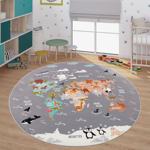 TT Home Kinderteppich Babyzimmer Teppich Kinderzimmer rutschfest Tiere Weltkarte Autos, Farbe:Grau Blau Braun, Größe:200 cm Rund