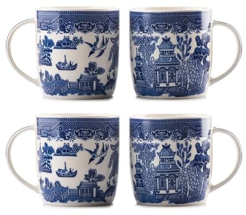 UNIQUE HOME LIVING Blue Willow Barrel Mugs Set of 4, 350ml Bone China Coffee Mug Oriental Style Coffee Cups with Handle for Milk Tea Hot Cocoa (9 x 8.5cm)