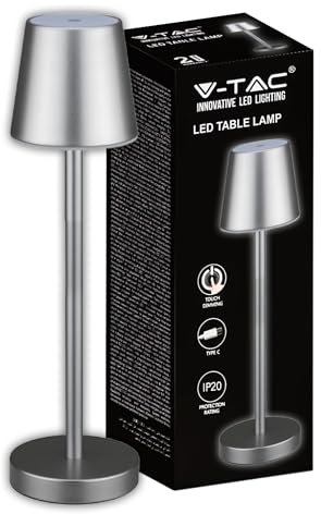 V-TAC Lampada da Tavolo senza Fili LED Dimmerabile con Comandi Touch – Lampada Grigia Wireless 3W per Uso Interno ed Esterno IP54 da Casa o Ristorante – Batteria 4400 mAh – Luce 4000K Bianca Naturale