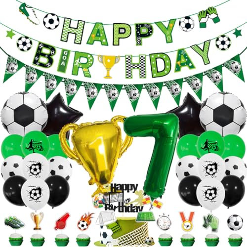 MiaLover 7 Jahr Geburtstag Dekoration Set Fussball Luftballon Latexballon Happy Birthday Banner Trophäe Folienballon Tortendekoration für 7.Geburtstag Fußball Themen Party Deko