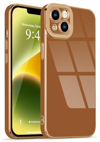 Lafunda for iPhone 14 Case Luxury Bling Plating, Brown | Full Camera Protection Soft TPU Bumper, for Women Gilrs Simple Slim Anti-Scratch Shockproof Protective Cover