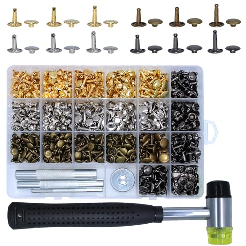 Runyu Set di 360 rivetti in pelle, 4 colori, rivetti cavi, 3 misure, borchie in pelle, senza cuciture, bottoni a pressione in metallo, con attrezzi di fissaggio, rivet per portafoglio in pelle
