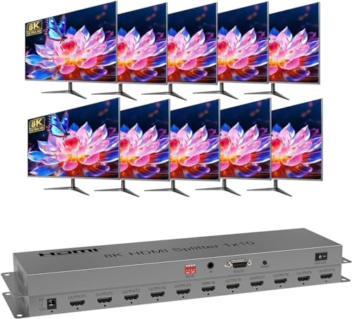 HDMI 2.1 Splitter 8K@60Hz hdmi verteiler 1 in 10 Out Auto Switch Multi HDMI Port Switch Unterstützung 4k@120hz 40Gbps Multiple HDMI Adapter für TV Monitor Unterstützung EDID HDR 3D CEC Ausgang