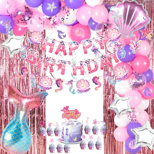SUNBEAUTY Meerjungfrau Geburtstag Deko mit Luftballons Happy Birthday Banner Cake Toppers für Mädchen Meerjungfrau Kindergeburtstag Deko