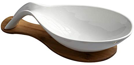 YIHANSS Fish plateSimple White Large-Capacity Ceramic Fruit Plate with Wooden Base Salad Dessert Bowl Living Room Table Decoration Home Decoration-White