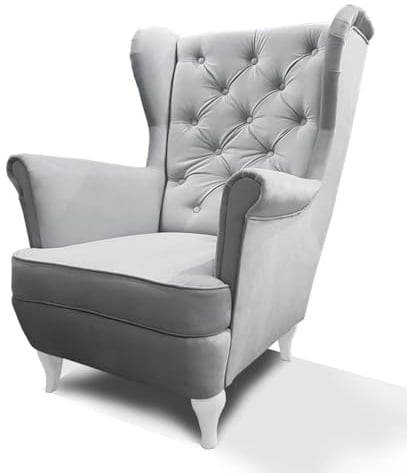 BEAUTY SOFA - Falco Ohrensessel - Sessel - Fernsehsessel - Sessel Wohnzimmer - Relaxsessel - Stillsessel - Sessel mit Velours Stoff - Holzbeine - Vintage - Grau + Weiß