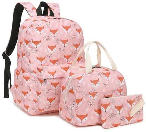 Mimfutu Schulrucksack Mädchen Rucksack Schule Kinder Schultasche Teenager Schulranzen mit Lunch Tasche Federmäppchen (Fuchs Rosa)